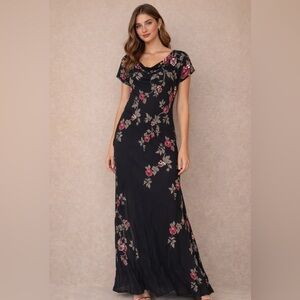 Majick Vintage Rayon Rose Print Sequin Cowl Neck Maxi Dress Black Size Large